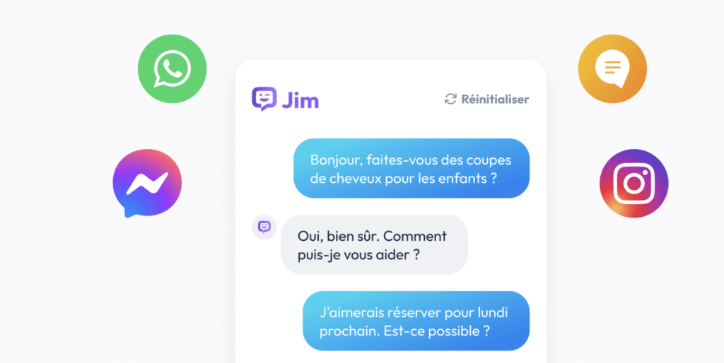 Interface de discussion de Jim sur WhatsApp, Messenger, Instagram et SMS